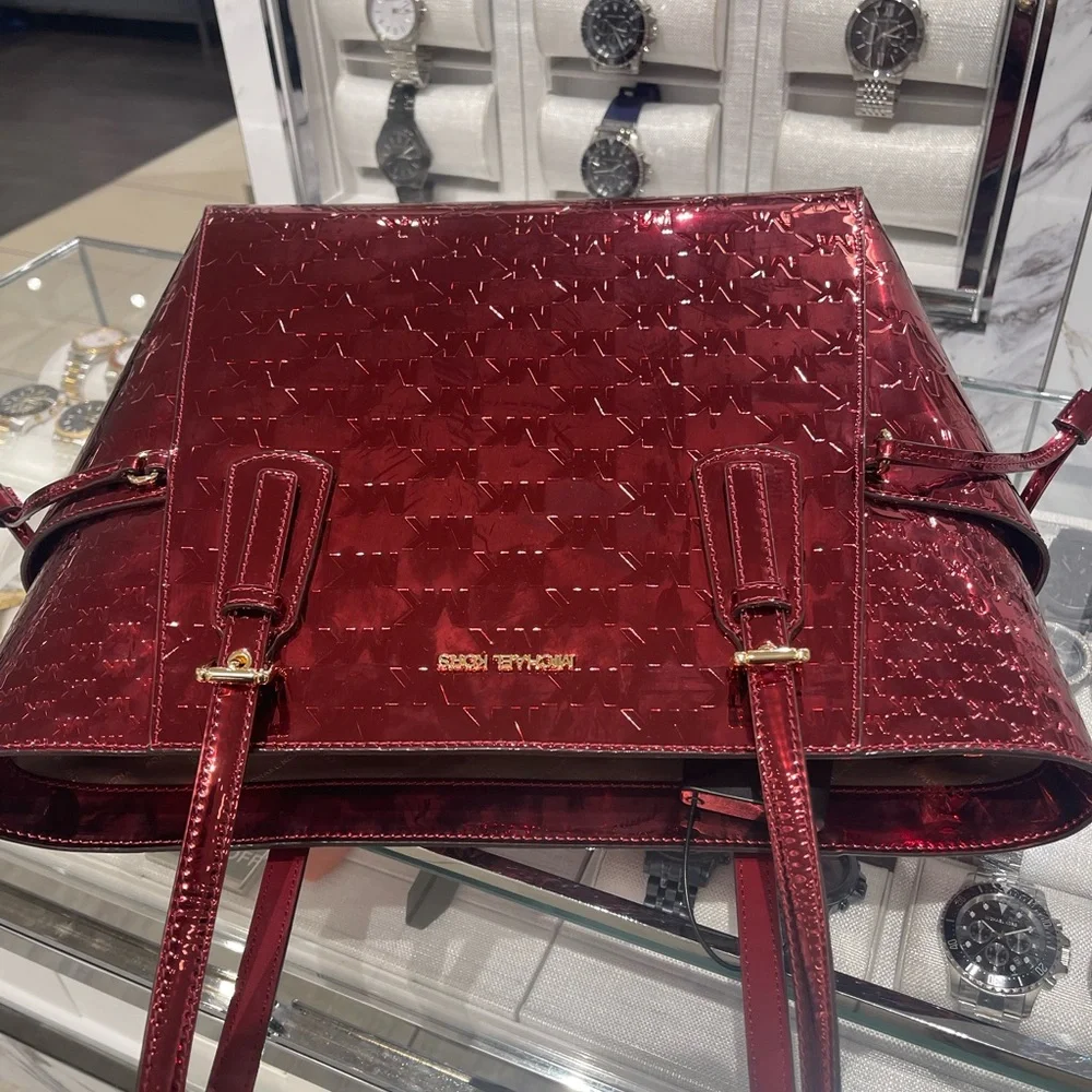 MICHAEL KORS Jet Set Extra-Small Metallic Logo Debossed Convertible TZ Tote Cher - Picture 8 of 16